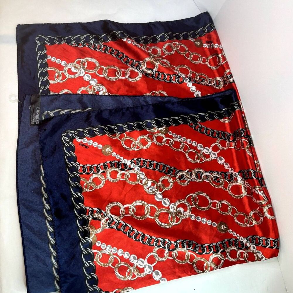 Express Silk Square Monogram Logo Chain Multicolor Scarf Womens Blue Red NWT - Picture 4 of 10